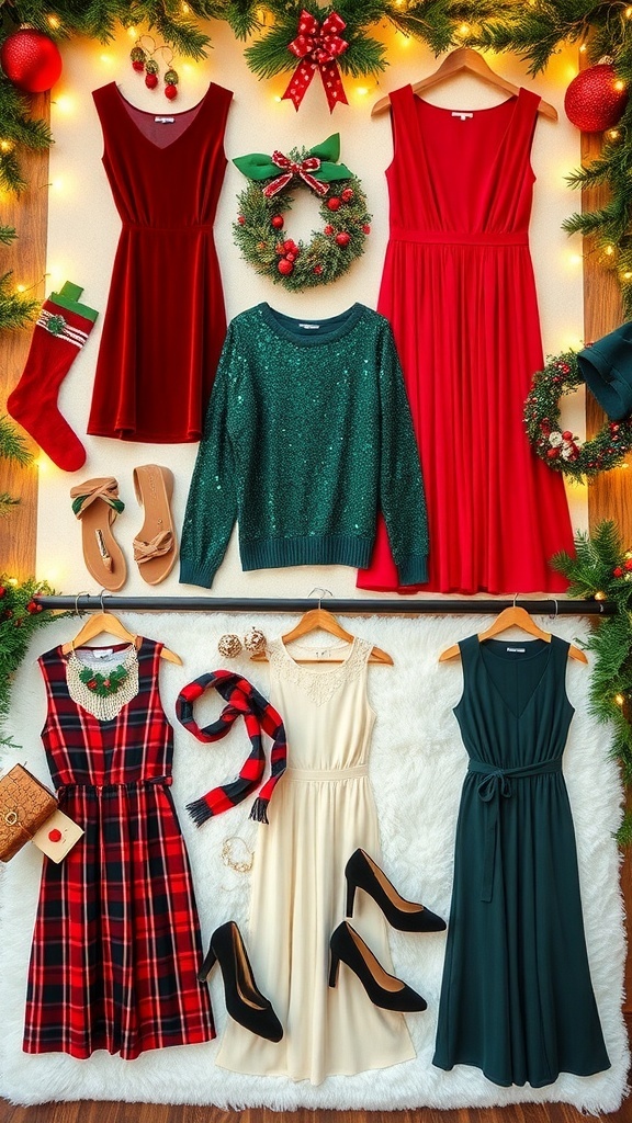 A collection of stylish Christmas outfits for women displayed with festive decorations.